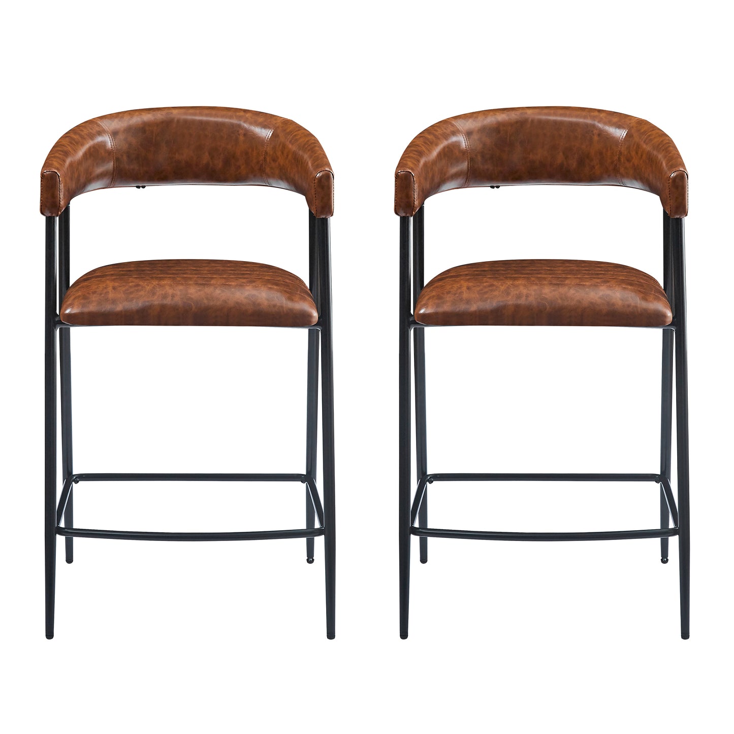 26'' Counter Stools Set of 2, Pu Upholstered Counter Stools with iron Frame, Backrest, Footrest, Arm counter stools for Home Bar, Kitchen Counter, Brown
