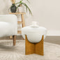 Bali 18.5' Round Upholstered Ottoman with Natural Wood Base, Ivory White Boucle