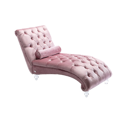 Velvet Chaise Lounge Indoor, Button-Tufted Upholstered Chaise Lounge Chair with Pillow in Pink Velvet, Comfortable Seating for Bedroom Living Room Office