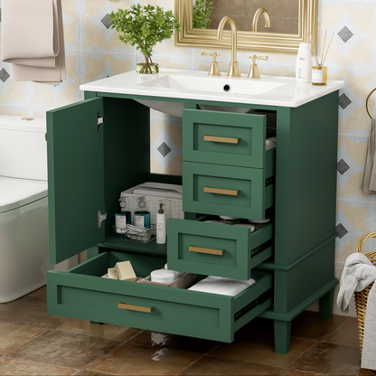 30' Bathroom Vanity in Green, Modern Bathroom Cabinet with Sink Combo Set, Bathroom Storage Cabinet with a Soft Closing Door and 3 Drawers, Solid Wood Frame