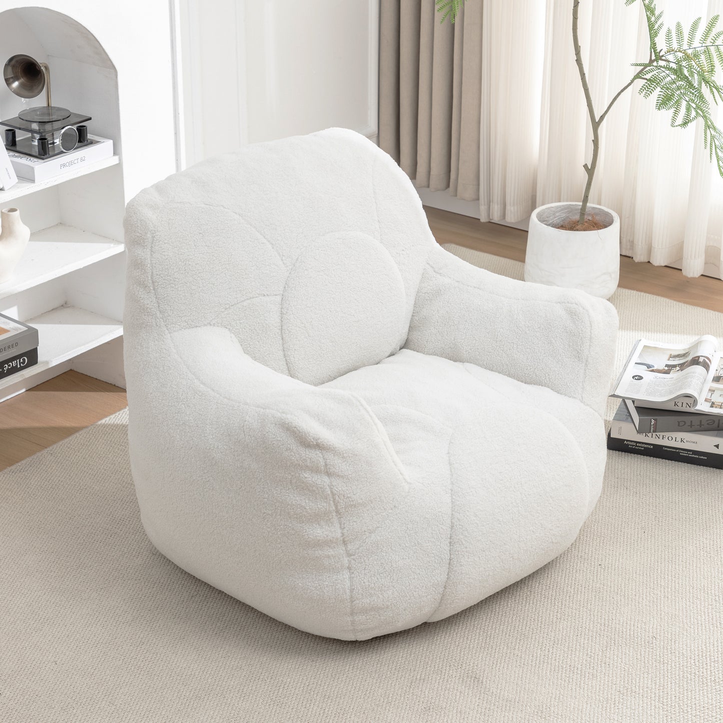 Comfy Bean Bag Chair with Filler, Tufted Memory Foam Sofa in White Teddy Fabric, Fluffy and Cozy Seating for Dorm, Apartment, or Living Room