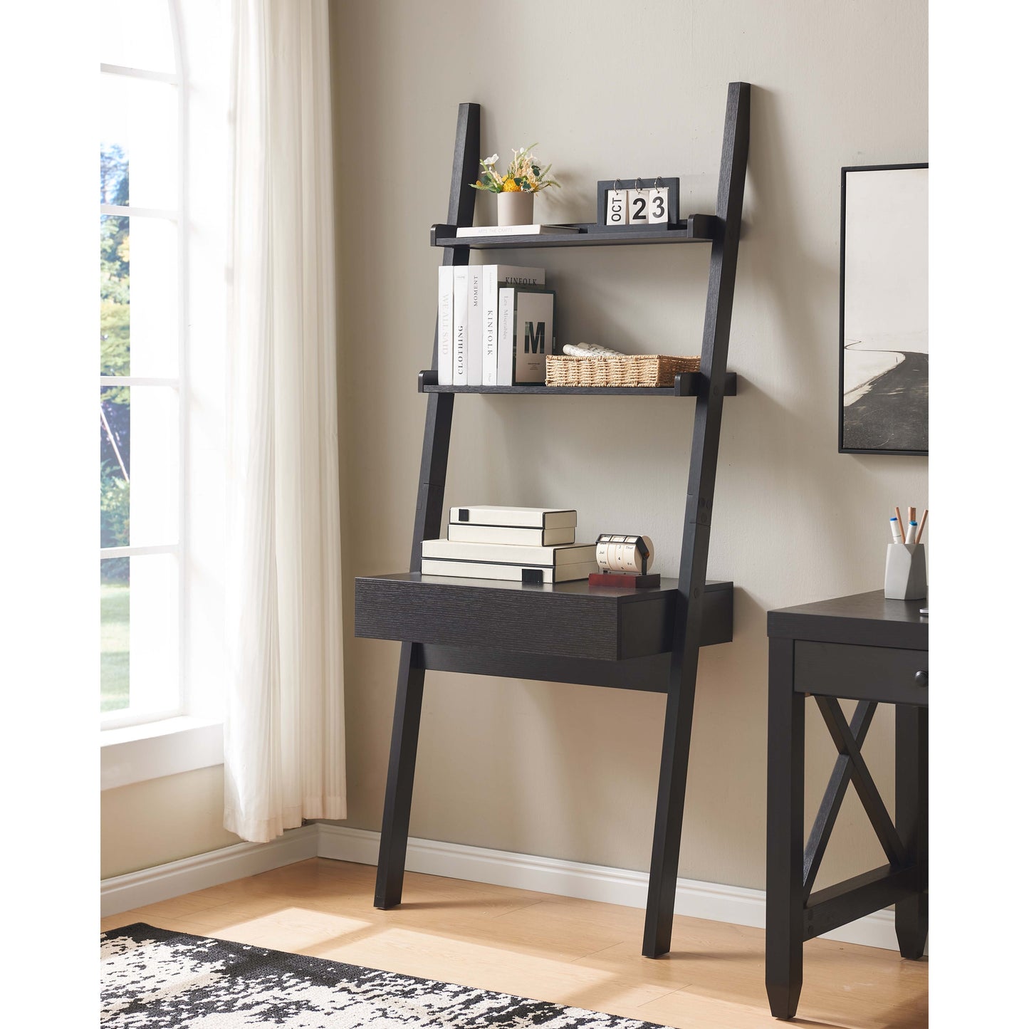 Home office desk workspace writing table bookcase ladder one drawer two shelves handleless design modern