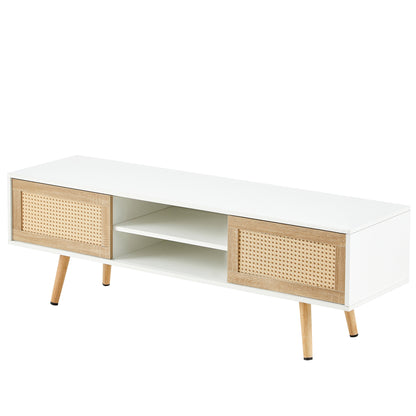 Modern Rattan TV Cabinet with Double Sliding Doors, Adjustable Shelf, Solid Wood Legs, White, 55.12 inches