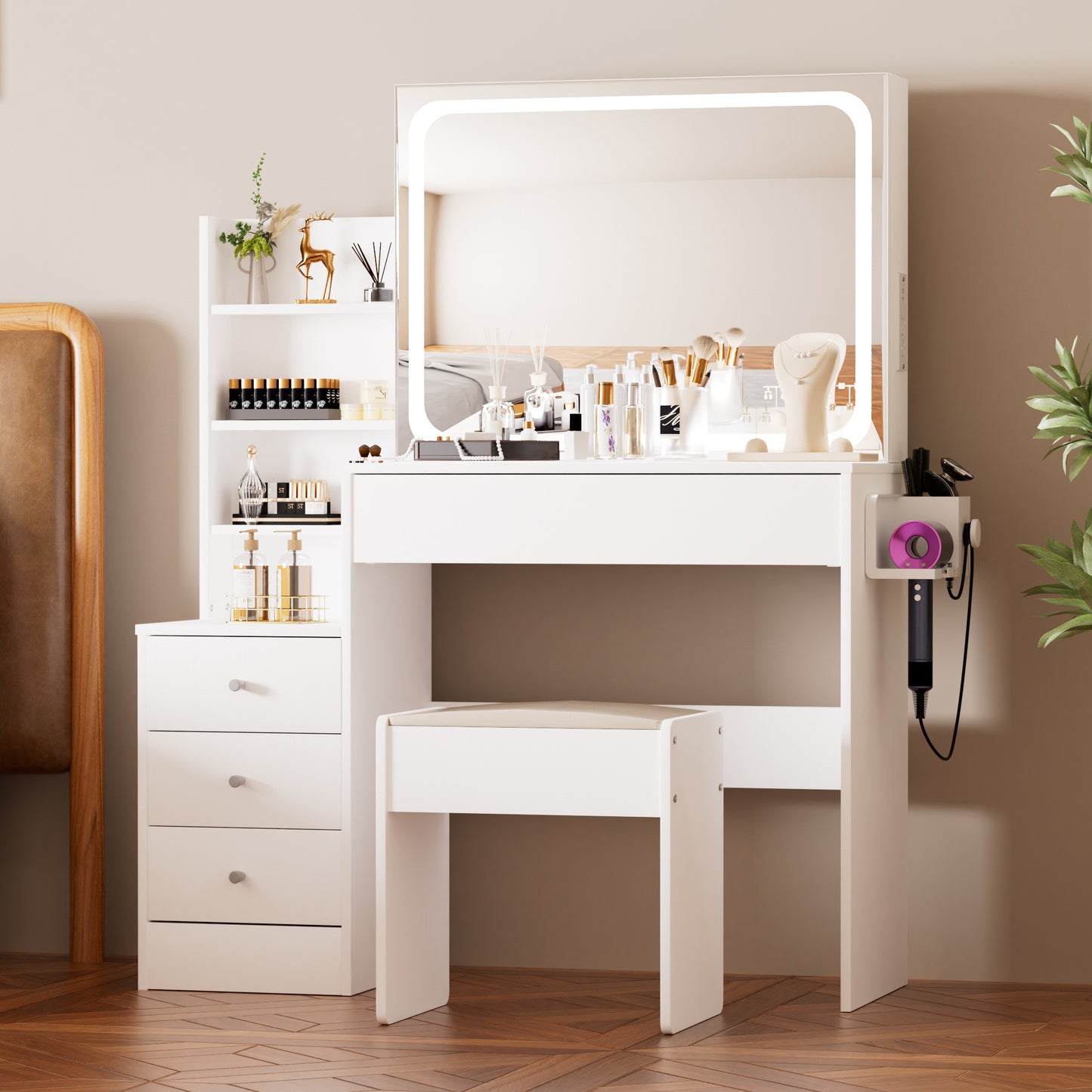 Vanity table with LED-lit mirror with power outlet and hairdryer shelving, with 4 drawers and upholstered stool, brightness adjustable in 3 lighting modes, storage table, White,43.3'L *15.7'W *55.4'H