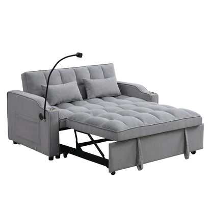 Modern Velvet Loveseat Futon Sofa Couch with Pullout Bed, Adjustable Backrest, Toss Pillows, Light Gray