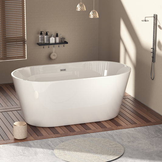 60'' Freestanding Gloss White Acrylic Soaking Bathtub with Toe-Tap Chrome Drain and Classic Slotted Overflow, 24A02-60