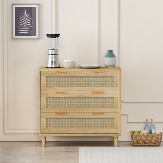 31.50'3-Drawers Rattan Storage Cabinet Rattan Drawer,for Bedroom,Living Room,Dining Room,Hallways,Oak