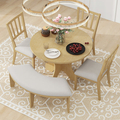 TREXM 5-piece Rustic Charm Round Dining Set with 3 Upholstered Chairs and Curved Bench for Dining Room, Kitchen and Living room (Natural)