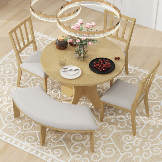 TREXM 5-piece Rustic Charm Round Dining Set with 3 Upholstered Chairs and Curved Bench for Dining Room, Kitchen and Living room (Natural)