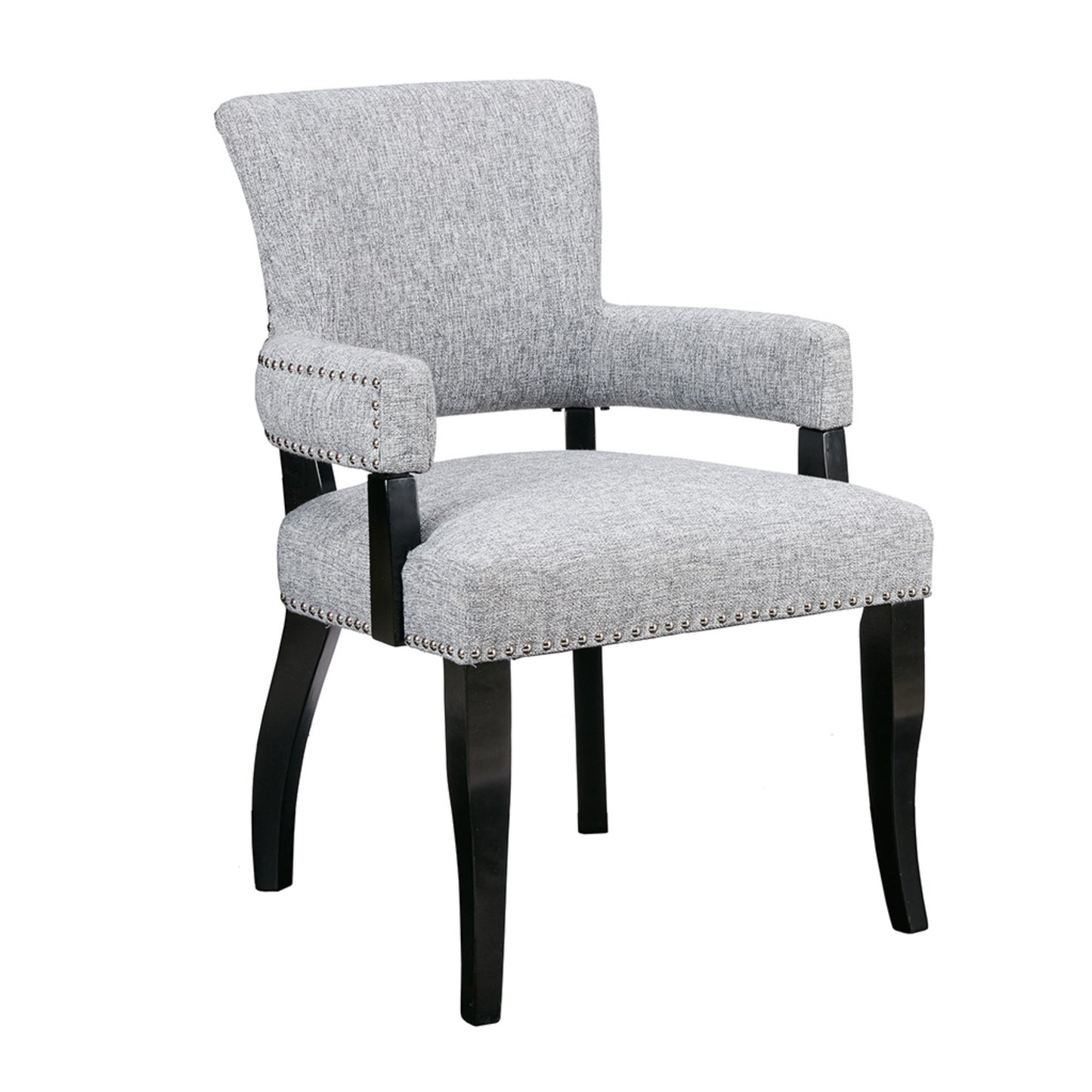 Contemporary  Arm Dining Chair with Nailhead Trim in Grey Polyester and Black Noir Finish