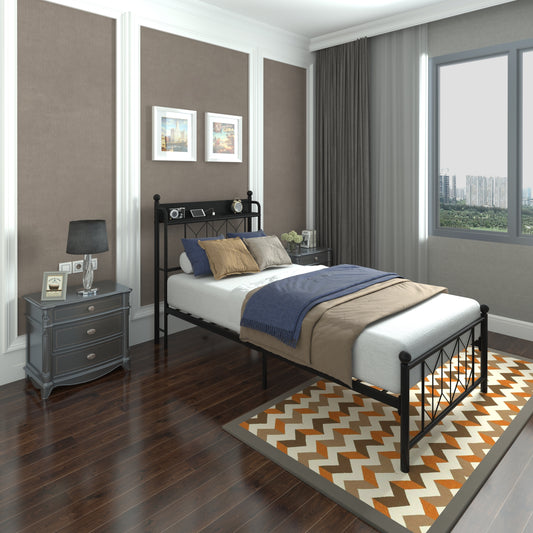 Twin Bed Frames , Headboard and Charging Station & LED Light for Bedroom, Solid and Stable, Noise Free, No Box Spring Needed, Easy Assembly