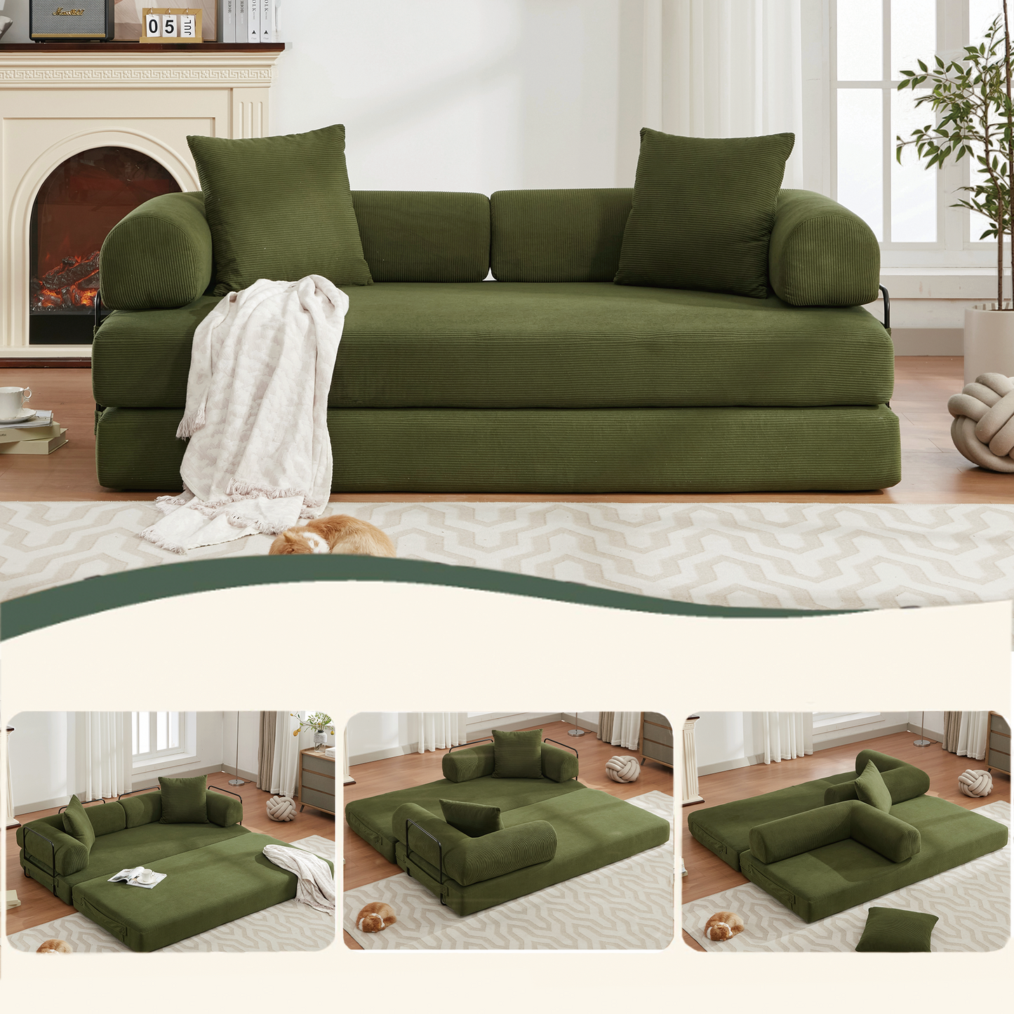 [NEW ARRIVED] [VIDEO PROVIDED] 78.5' Folding Convertible Out Sleeper Sofa Bed,4-in-1 DIY Combination Convertible  Sofa, 3 seat, Folding Sleeper Sofa, King Size , Bedroom,Apartment,Corduroy,Green