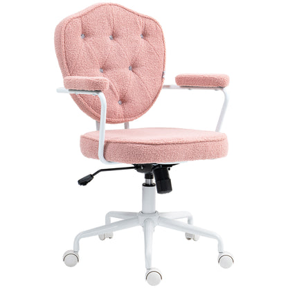 HOMCOM Cute Home Office Chair, Computer Desk Chair with Button Tufted Teddy Bear Fleece, Swivel Vanity Chair, Pink