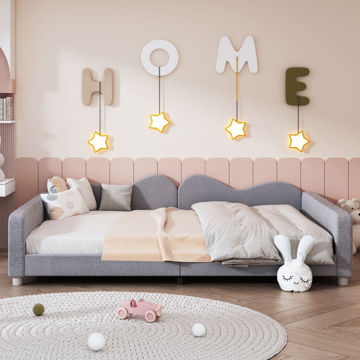 Full size Upholstered Daybed, Sherpa Fabric Sofabed with Cloud-Shaped Backrest, No Box-spring Needed, Gray(Old SKU: WF532069AAE)