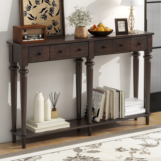 TREXM Entryway Table with 4 Drawers, Retro Console Table with Open Shelf for Entryways, Living Rooms, and Hallways (Espresso)