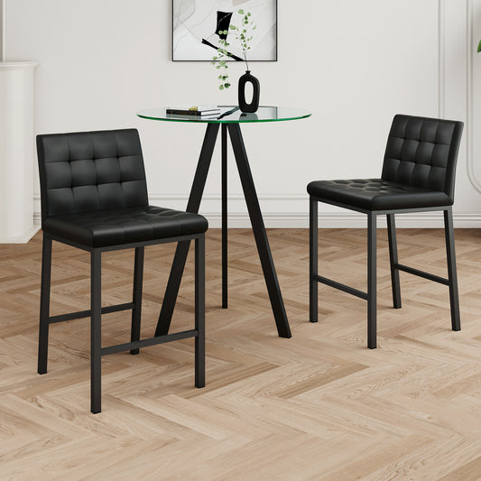 Stylish Black PU fabric design, black metal chair legs, black metal table legs, round tempered glass countertop, bar chair cover, suitable for bars, restaurants, bedroom bar chairs, ( set of 3)