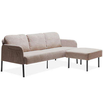 Modern Beige 3 Seater L-Shaped Polyester Fabric Sofa with Ottoman, Upholstered for Small Spaces