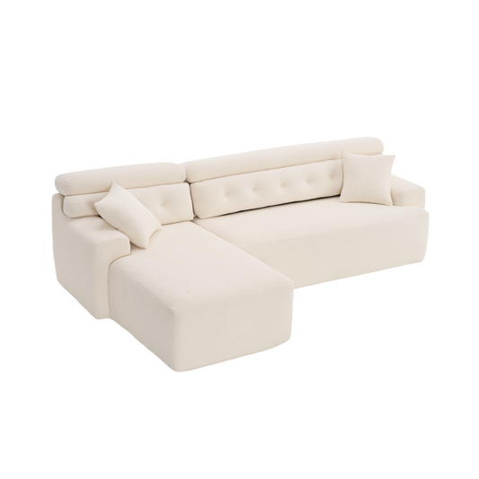 LY-029B Convertible Chaise Sectional Sofa, Full Compression Sponge Modular Couch, Cloud White 3-Seater, Wood Grain Chenille, 2 Pillows, 86'L