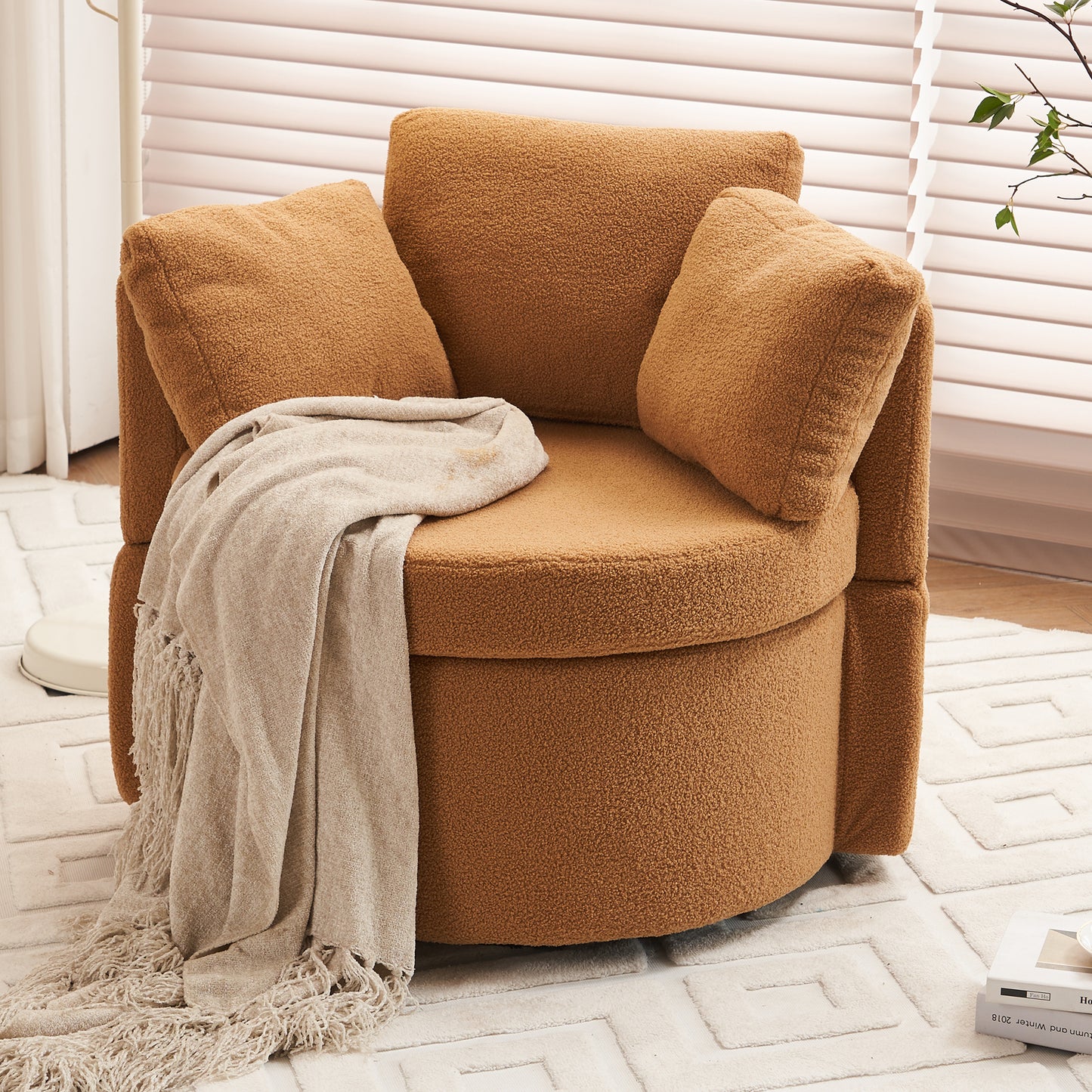 029-Teddy Fabric Swivel And Storage Chair With Back Cushion For Living Room,Khaki
