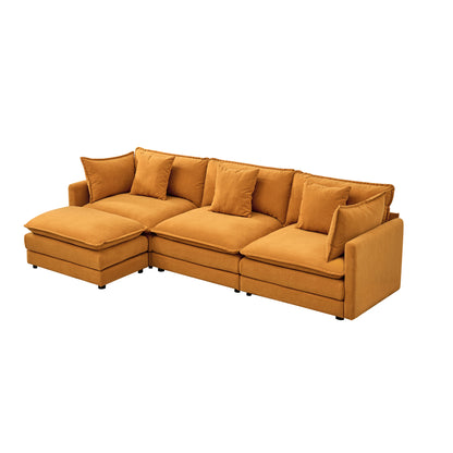 Modular Chenille L-Shaped Sofa with Ottoman, Deep Seat, Cushions, Orange, 110-Inch