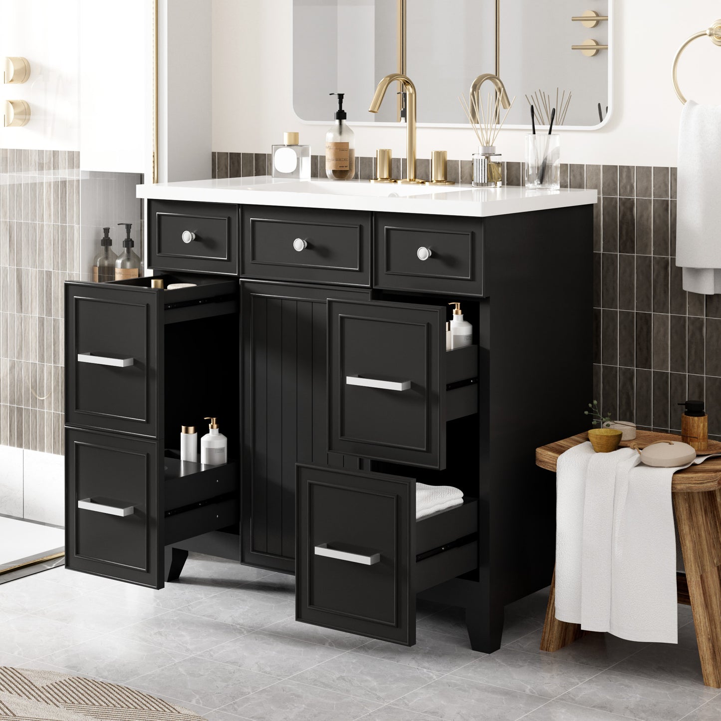 36' Bathroom Vanity Cabinet with Sink Top Combo Set , Black ,Single Sink,Shaker Cabinet with Soft Closing Door and 3 Drawers