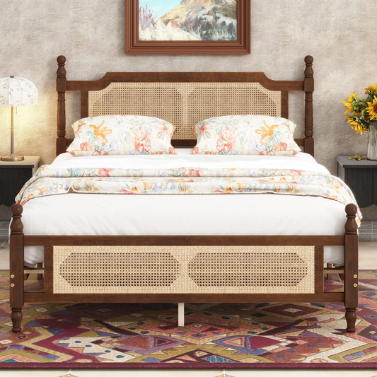 Queen Pine wooden Bed with Rattan Headboard  and Footboard, with  Central Enhanced Bed Platform,Walnut