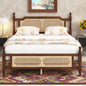 Queen Pine wooden Bed with Rattan Headboard  and Footboard, with  Central Enhanced Bed Platform,Walnut