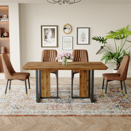 Table and chair set.67'x36' Wood-Textured MDF Dining Table Set with 4 Brown Suede Chairs.MDF sticker,Wood colored texture sticker,Brown armless dining chair,Suitable for kitchen,Dining room,etc.