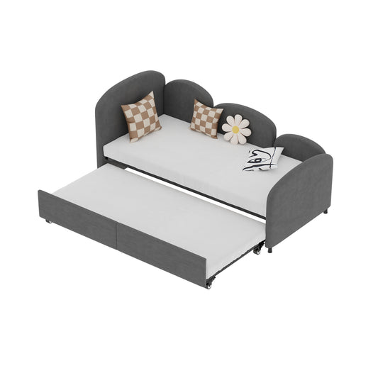 Modern Twin Size Velvet Upholstered Daybed with Additional Bed Frame, Dark Gray, Solid Wood Structure