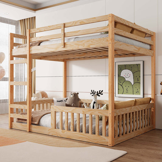 Full over Full Wood Bunk Bed with Ladder and Guardrails, Natural
