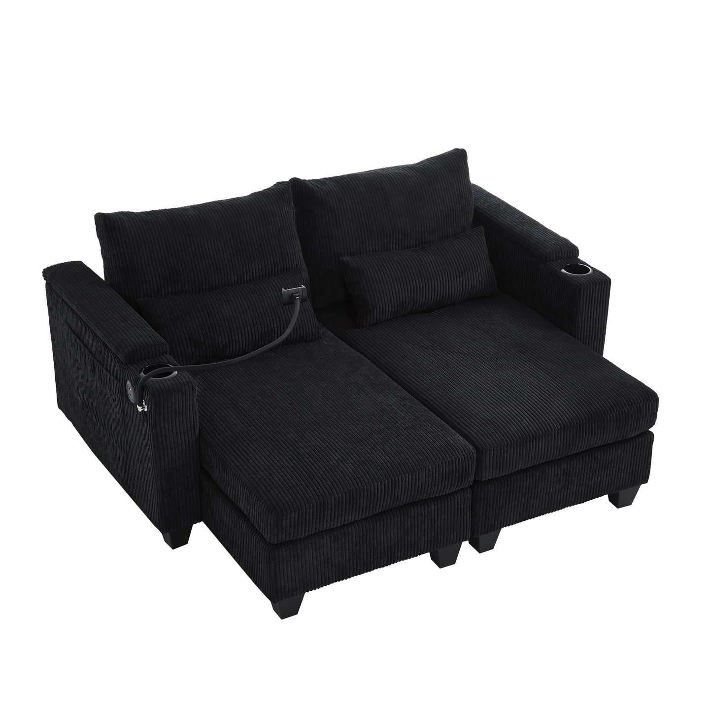 Convertible Chaise Lounge 63' Loveseat Sofa Bed with USB Ports, Cup Holders, Phone Holder & Storage, Black Corduroy