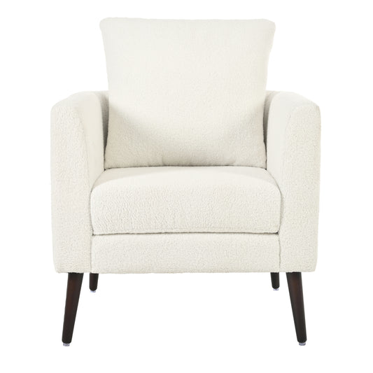 Modern Teddy Fabric Accent Chair - Mid-Century Upholstered Armchair with Pillow and Wood Legs for Living Room, Bedroom, or Reception Room - White