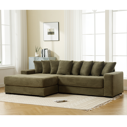 [NEW ARRIVED] [VIDEO PROVIDED] Oversized Two-Piece Couches, L Shaped Sofa, Corduroy, Left Chaise Daybed,with Armrests,Eight Throw Pillows,Corner Sofa,Easy To Assemble, Green