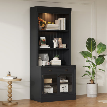 83.4'Tall Bookshelf with LED Lighting, Modern Bookcase with 2 Glass Doors and 1 Drawer,Storage Bookcase with Open Shelves for Living Room,Home Office,Black