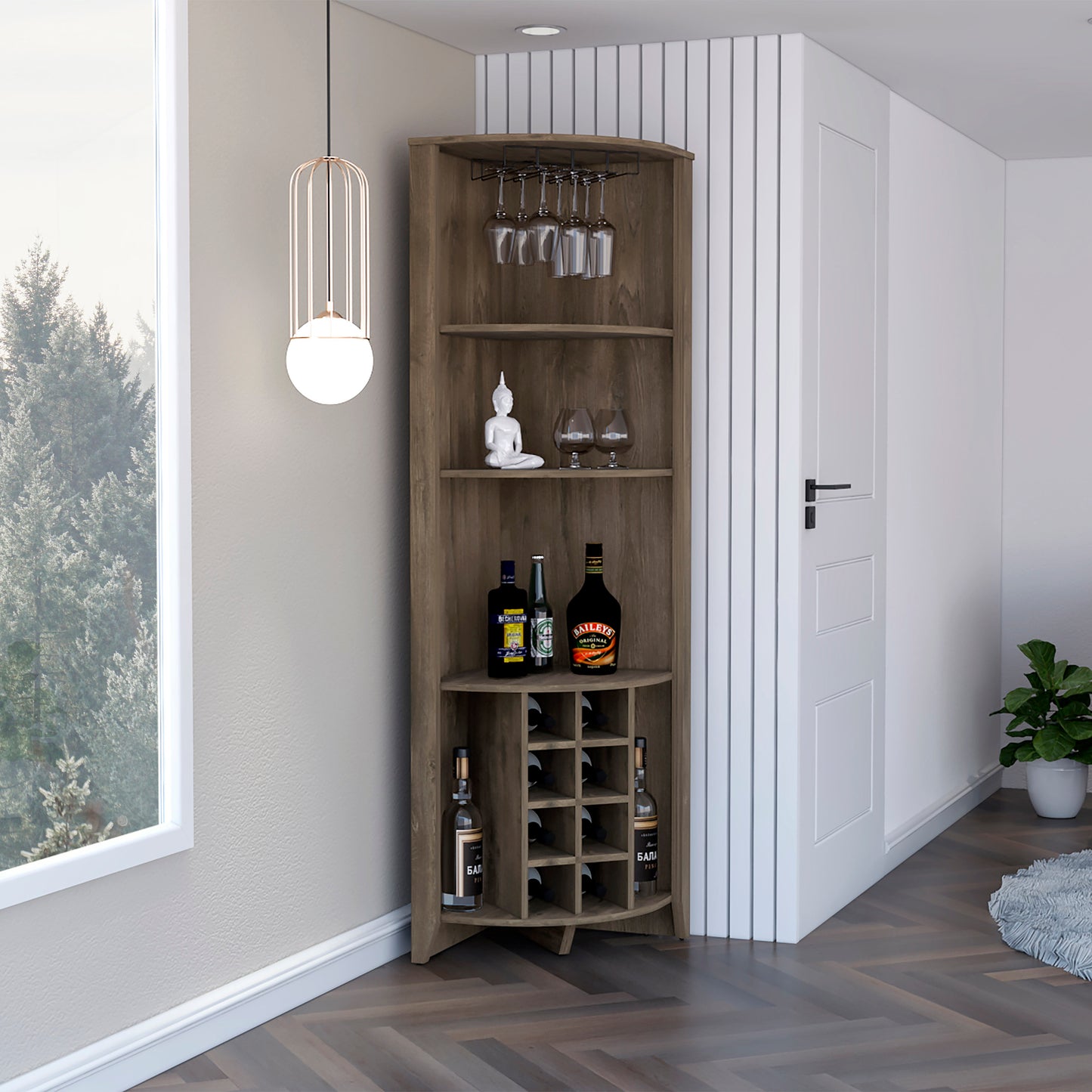 Essential Corner Bar Cabinet , Three Shelves, Eight Built-in Wine Rack, Two Side Shelves Dark Brown