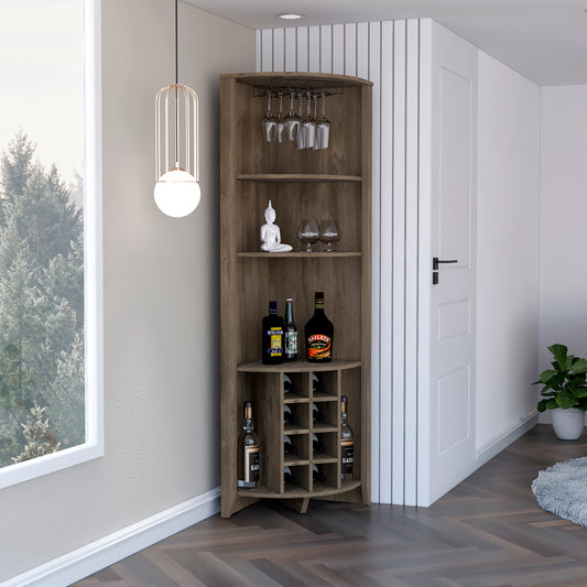 Essential Corner Bar Cabinet , Three Shelves, Eight Built-in Wine Rack, Two Side Shelves Dark Brown
