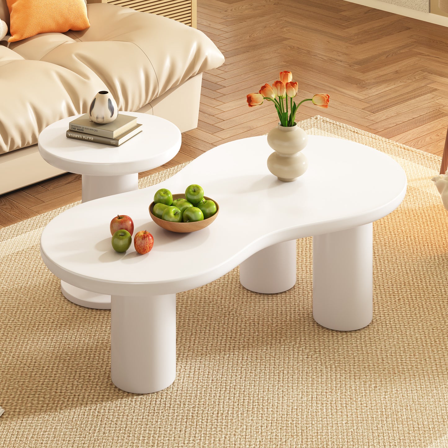 ON-TREND Easy Assembly Nesting Coffee Table Set of 2, Cream Style Cloud Coffee Table with Round Small Side Table,  Irregular Center Table with Thick Legs for Living Room, White, 39.3''x 13.7'',Φ15.7''