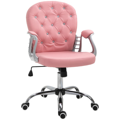 PU Leather Home Office Chair, Button Tufted Desk Chair with Padded Armrests, Adjustable Height and Swivel Wheels, Pink