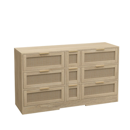 Natural Rattan Locker with 9 Drawers and Metal Handles for Kitchen, Living Room, Bedroom