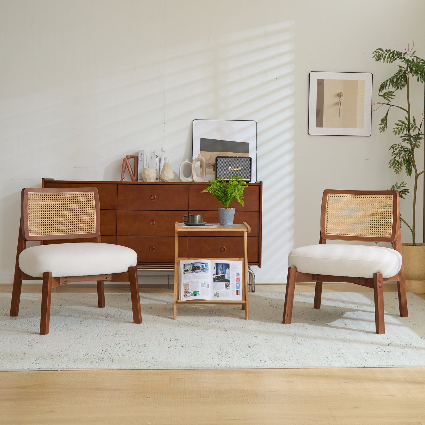 [Set of 2] Modern Beige Lounge Chair with Woven Backrest, Sturdy Wooden Frame, Minimalist and Elegant Accent Seating for Living Room, Bedroom, or Office