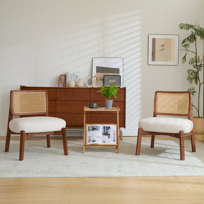[Set of 2] Modern Beige Lounge Chair with Woven Backrest, Sturdy Wooden Frame, Minimalist and Elegant Accent Seating for Living Room, Bedroom, or Office