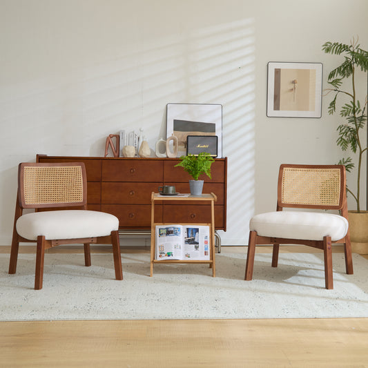 [Set of 2] Modern Beige Lounge Chair with Woven Backrest, Sturdy Wooden Frame, Minimalist and Elegant Accent Seating for Living Room, Bedroom, or Office