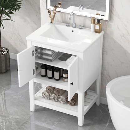 [VIDEO] 24' White Modern Sleek Bathroom Vanity Elegant Ceramic Sink with Solid Wood Frame Open Style Shelf
