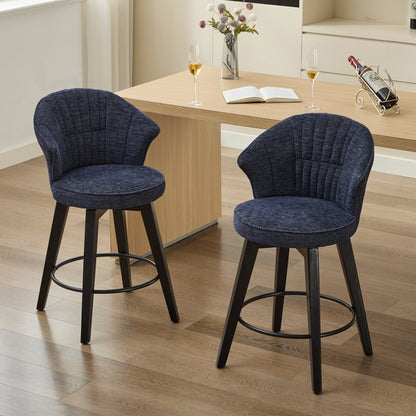 008-Wing Back Swivel Bar Stools Set of 2 - 25' Counter Height Adjustable Stools with Solid Wood Legs & Chenille Upholstery, Leveling Feet for Kitchen Island, Home Pub or Dining Room, Blue