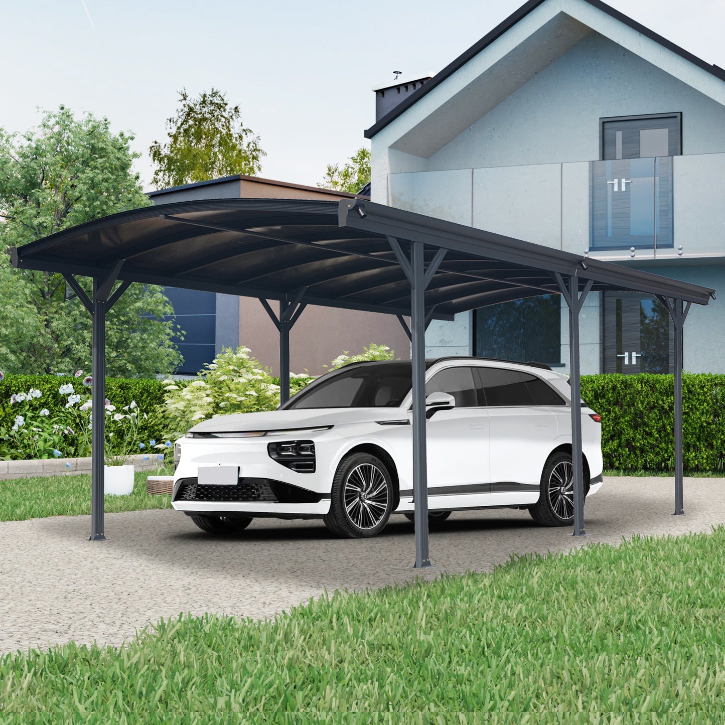 Outdoor Carport, 10 FT * 19 FT* 7 FT Arch Carport Aluminum Metal Frame and Polycarbonate Panels Car Port for Outdoor Driveway Car, Truck