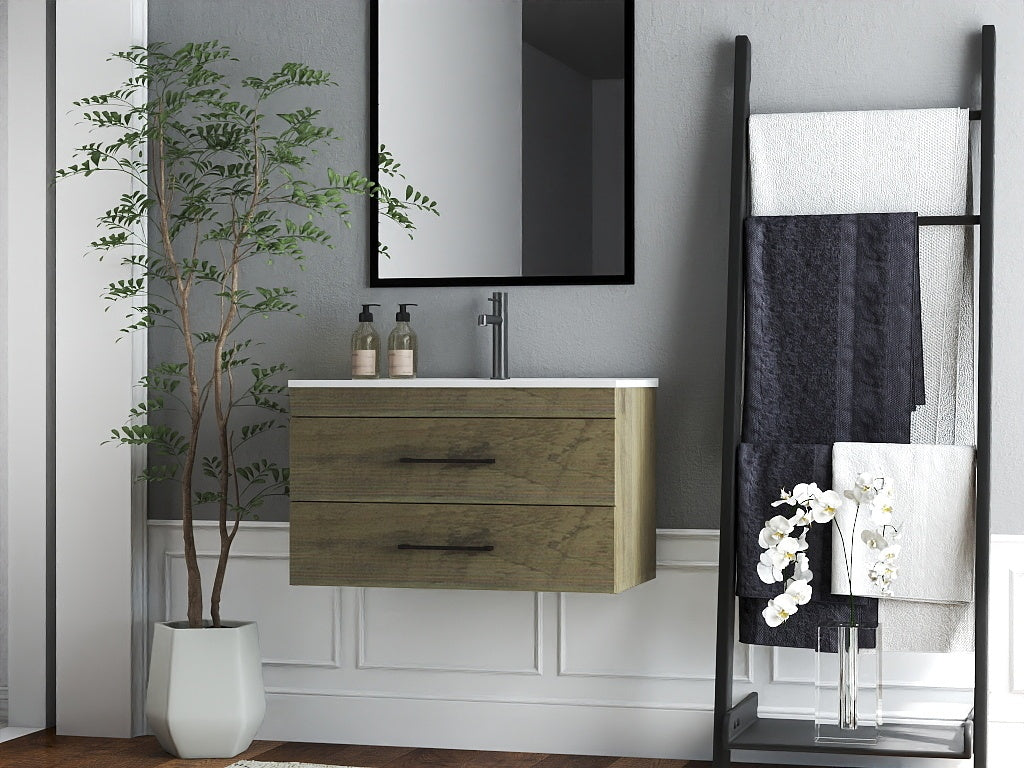 32-Inch Grey Wood Grain Wall-Mounted Bathroom Vanity with Double Drawers, Soft-Close System,White Ceramic Sink, and Black Aluminum Frame Mirror – Create a Modern and Minimalist Bathroom Space!Gray