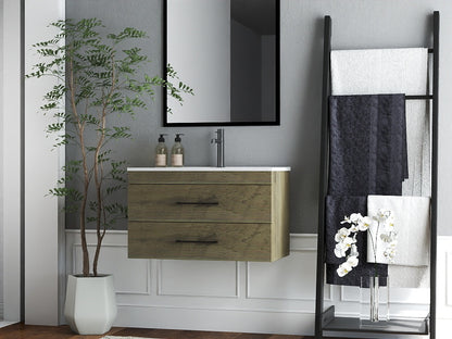 32-Inch Grey Wood Grain Wall-Mounted Bathroom Vanity with Double Drawers, Soft-Close System,White Ceramic Sink, and Black Aluminum Frame Mirror – Create a Modern and Minimalist Bathroom Space!Gray