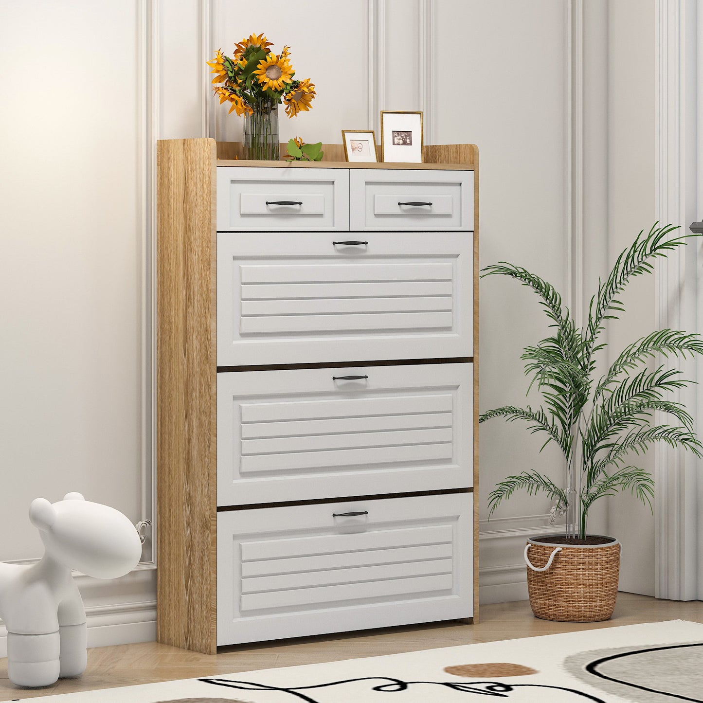 1250 White +Oak Color shoe cabinet  with 3 doors 2 drawers,large space for storage