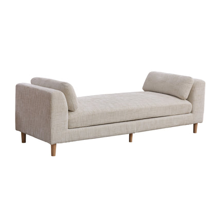 Modern Upholstered End of Bed Bench with Armrests, Chenille Chaise Lounge Couch with Bolster Pillows, Rubberwood Legs, Beige
