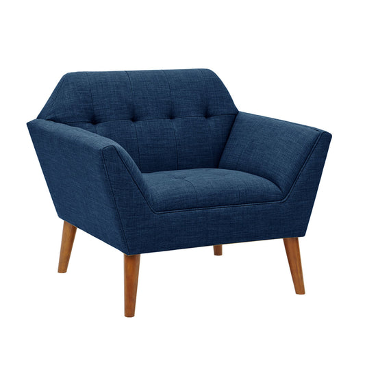 Mid-Century Lounge Chair with Button Tufting in Blue Polyester and Pecan Wood, 37' x 29.5' x 31.5'